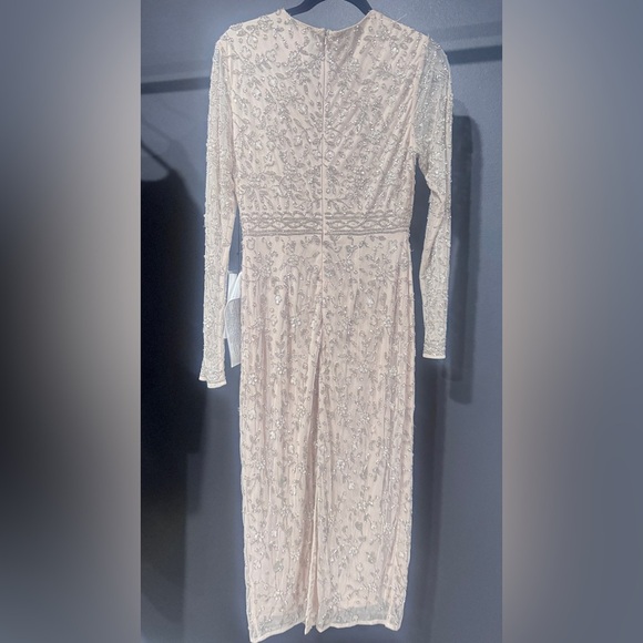 Mac Duggal Beige Beaded Tea Length Dress w/ Sheer Sleeves - Picture 7 of 14